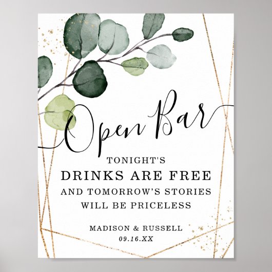 Poster Panneau de bar ouvert eucalyptus cadre or géométri (Devant)