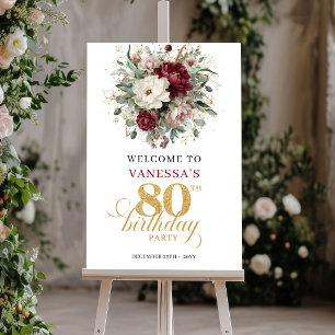 Poster Panneau de bienvenue 80e anniversaire floral borde