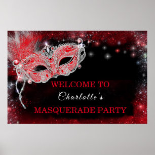 Poster Panneau de bienvenue à une soirée masquée noir et 
