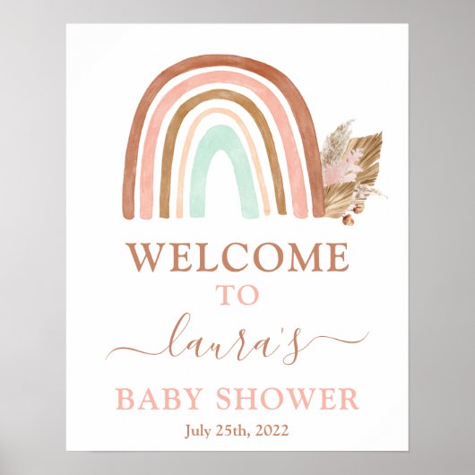 Poster Panneau de bienvenue Baby shower arc-en-ciel rose (Devant)