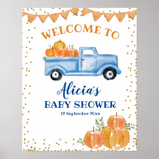 Poster Panneau de bienvenue Baby shower citrouille bleu (Devant)
