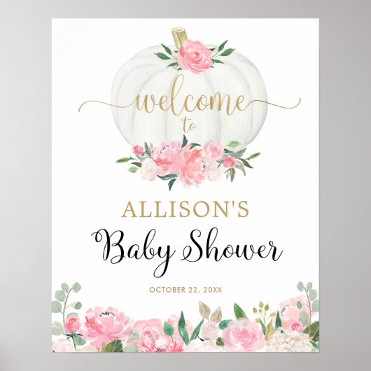 Poster Panneau de bienvenue baby shower citrouille rose o (Devant)