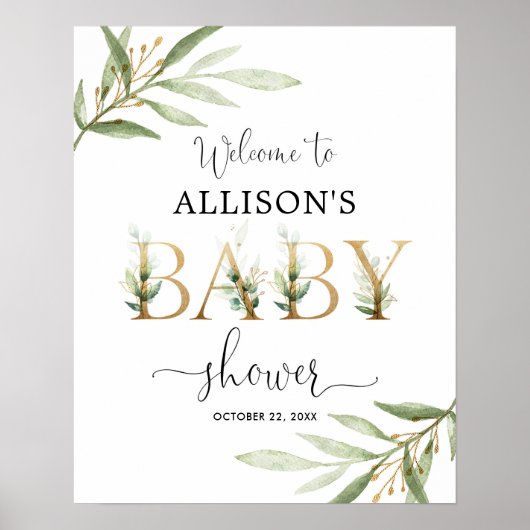 Poster Panneau de bienvenue baby shower feuille or vert (Devant)