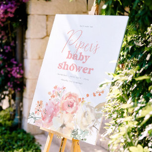 Poster Panneau de Bienvenue Baby Shower Fille Fleurs Rétr