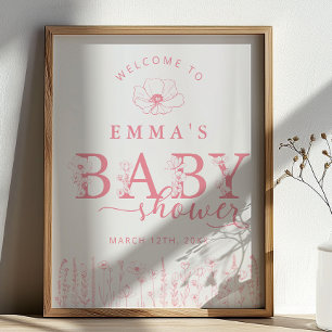Poster Panneau de bienvenue Baby Shower Fleur sauvage ros