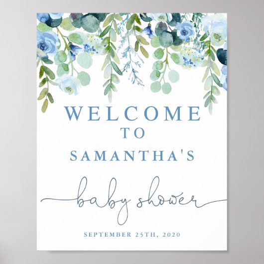Poster Panneau de bienvenue baby shower floral bleu (Devant)