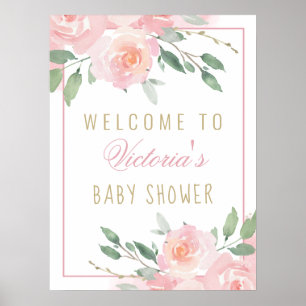Poster Panneau de bienvenue Baby Shower Rose aquarelle ro