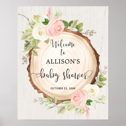 Poster Panneau de bienvenue baby shower rose blanc rose r (Devant)