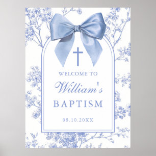 Poster Panneau de bienvenue baptême floral à ruban bleu v