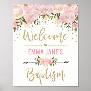 Poster Panneau de bienvenue baptême floral rose pailleté 