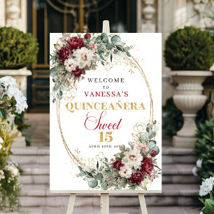 Poster Panneau de bienvenue Bohème Burgundy Fleurs Or pou