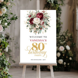 Poster Panneau de bienvenue Chic Bourgogne Fleurs 80e Ann