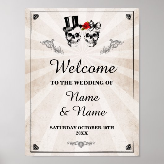 Poster Panneau de bienvenue crâne Roses de mariage Hallow (Devant)