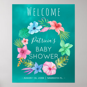 Poster Panneau de bienvenue de baby shower turquoise bleu