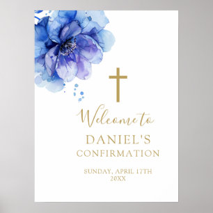 Poster Panneau de bienvenue de confirmation florale bleu 