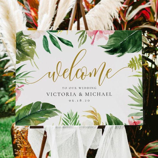 Poster Panneau de bienvenue de mariage à feuilles tropica