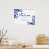 Poster Panneau de bienvenue de mariage à fleurs bleues en (Cuisine)