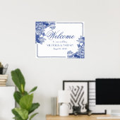 Poster Panneau de bienvenue de mariage à fleurs bleues en (Bureau à domicile)