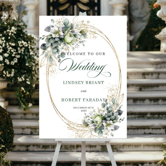 Poster Panneau de bienvenue de mariage à la verdure d'euc