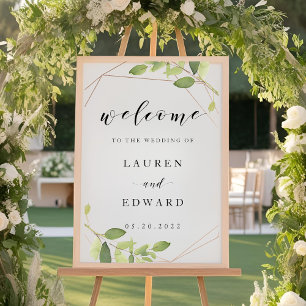 Poster Panneau de bienvenue de mariage à la verdure dorée