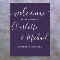 Panneau de bienvenue de mariage à l'écriture viole
