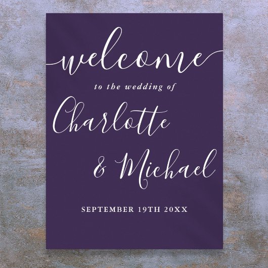 Poster Panneau de bienvenue de mariage à l'écriture viole