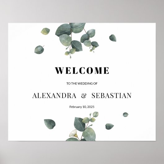 Poster Panneau de bienvenue de mariage à l'eucalyptus ver (Devant)