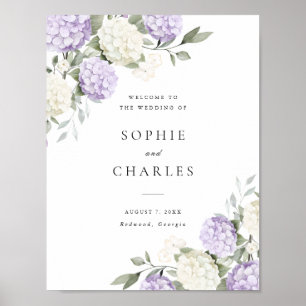 Poster Panneau de bienvenue de mariage à l'hydrangea viol