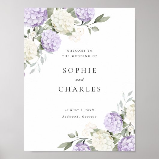 Poster Panneau de bienvenue de mariage à l'hydrangea viol (Devant)