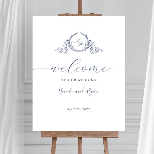Poster Panneau de bienvenue de mariage à monogramme bleu