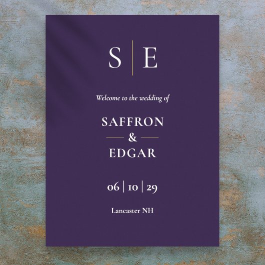 Poster Panneau de bienvenue de mariage à monogramme viole