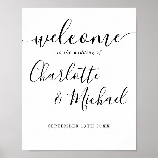 Poster Panneau de bienvenue de mariage à script noir et b (Devant)