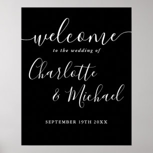 Poster Panneau de bienvenue de mariage à script noir et b