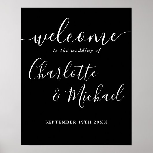 Poster Panneau de bienvenue de mariage à script noir et b (Devant)
