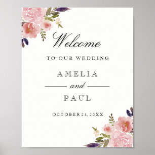Poster Panneau de bienvenue de mariage aux pivoines aquar