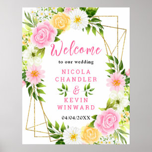 Poster Panneau de bienvenue de mariage avec fleurs roses