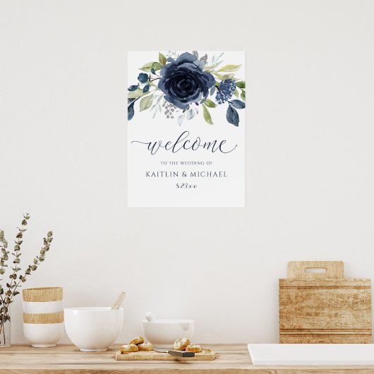Poster Panneau de bienvenue de mariage bleu marine floral (Cuisine)