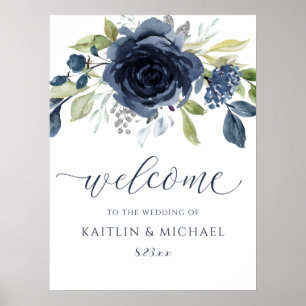 Poster Panneau de bienvenue de mariage bleu marine floral