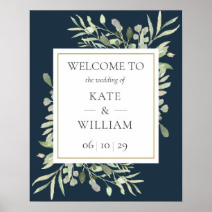 Poster Panneau de bienvenue de mariage bleu marine or ver