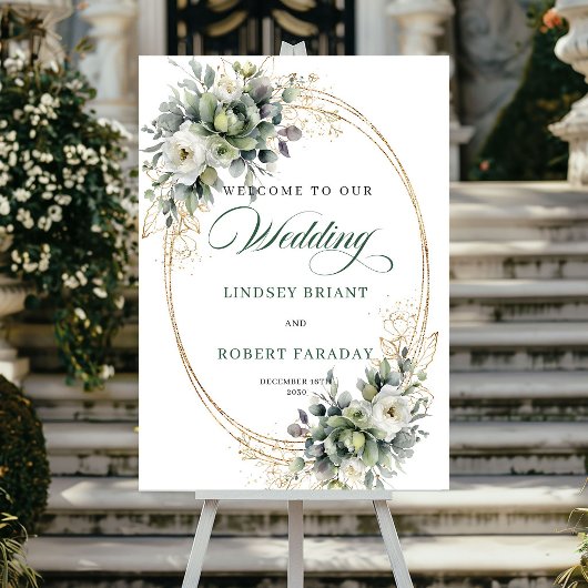 Poster Panneau de bienvenue de mariage chic vert et or fe