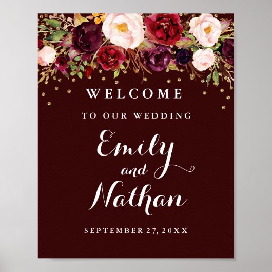 Poster Panneau de bienvenue de mariage confettis dorés fl (Devant)
