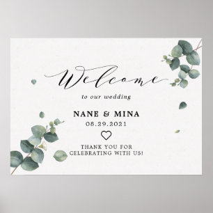 Poster Panneau de bienvenue de mariage élégant Eucalyptus