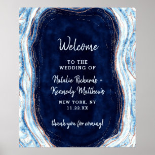 Poster Panneau de bienvenue de mariage en géode de bleu s