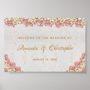 Poster Panneau de bienvenue de mariage en marbre rose flo