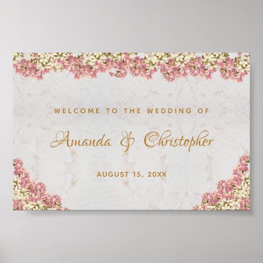 Poster Panneau de bienvenue de mariage en marbre rose flo (Devant)
