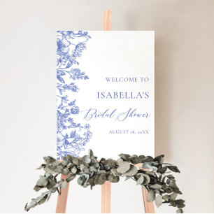 Poster Panneau de bienvenue de mariage fleuri bleu vintag