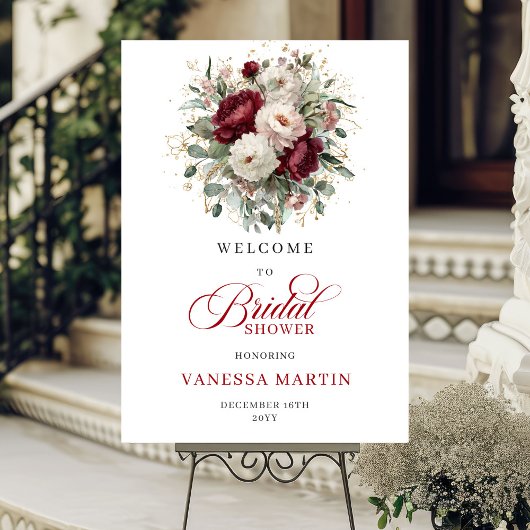Poster Panneau de bienvenue de mariage fleurs verdure or 