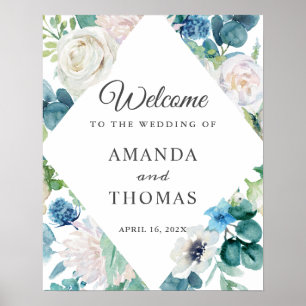 Poster Panneau de bienvenue de mariage floral blanc bleu