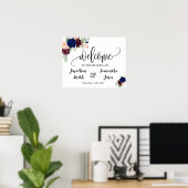 Poster Panneau de bienvenue de mariage floral bleu burgun (Bureau à domicile)
