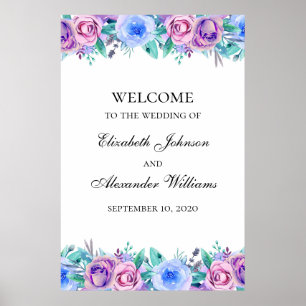 Poster Panneau de bienvenue de mariage floral. Bleu et vi